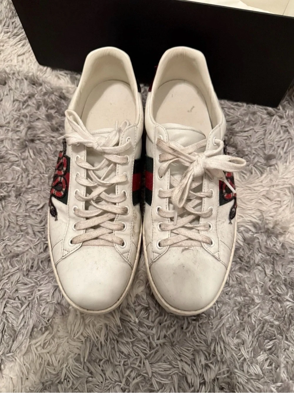 Gucci White Leather Low-Top Sneakers with Red & Green Snake Embroidery
